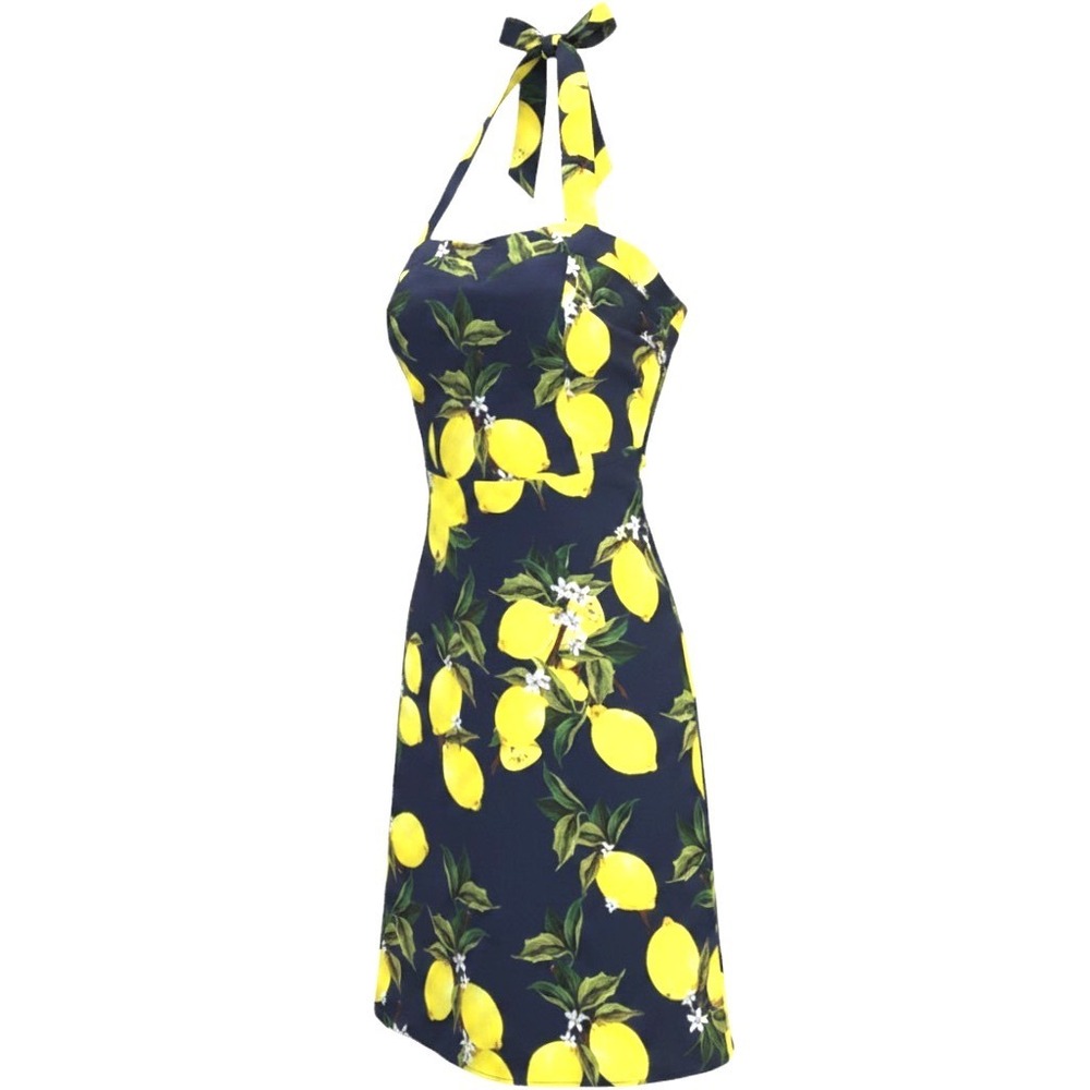 Topdress Lemon Print Halter Rockabilly Dress 2XL Navy‎ Blue